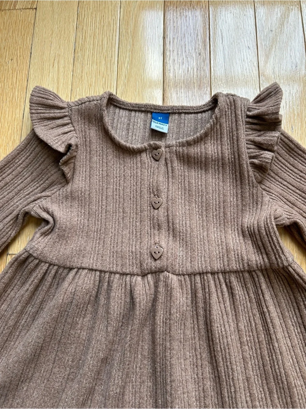 Old Navy Toddler Girl 3T Brown Ribbed Knit Ruffle Long Sleeve Dress Fall